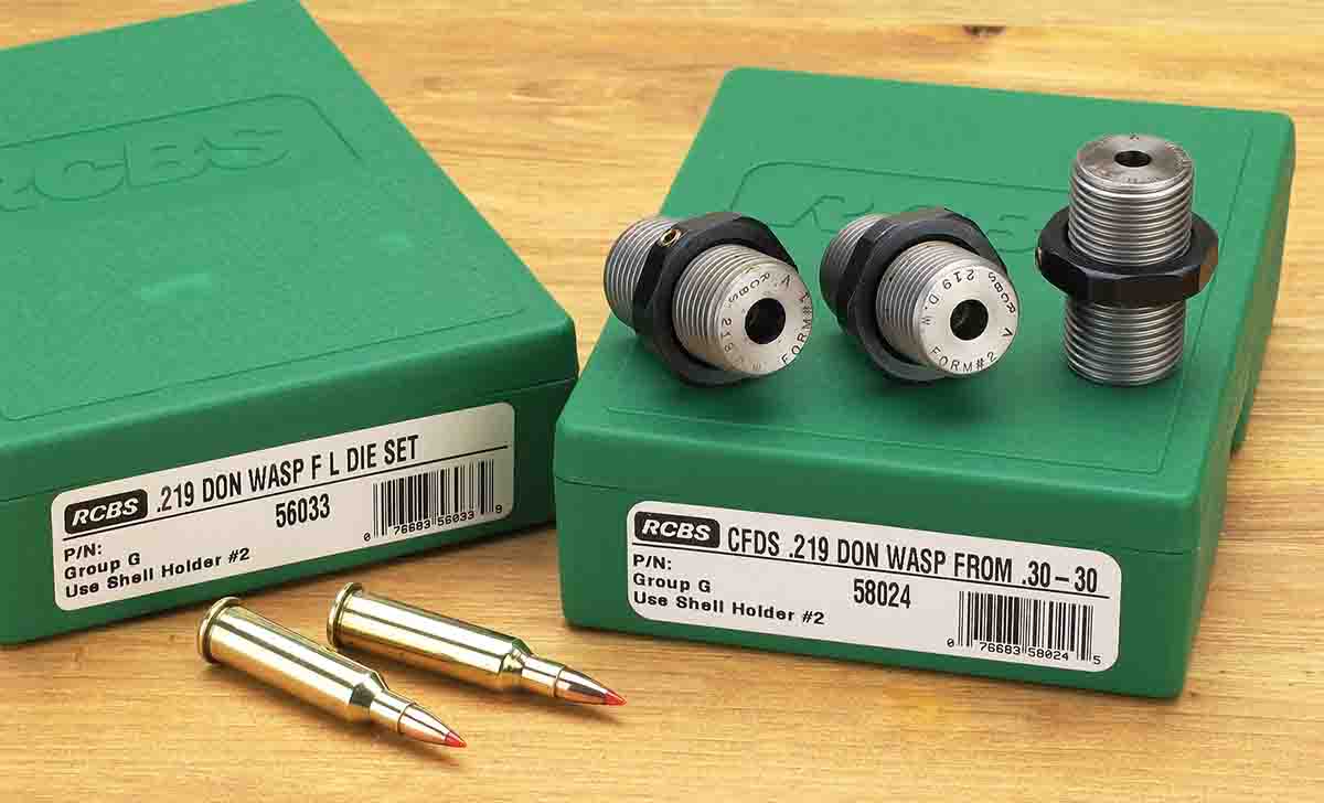 When working the 30-30 Winchester brass, forming it down to the 219 Zipper, you need two sets of dies – full-length sizing (left) and case-forming (right).